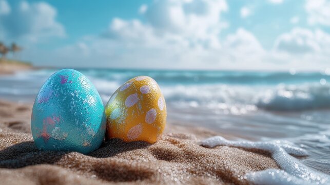 Vibrant easter eggs on sandy beach with ocean waves for holiday celebration