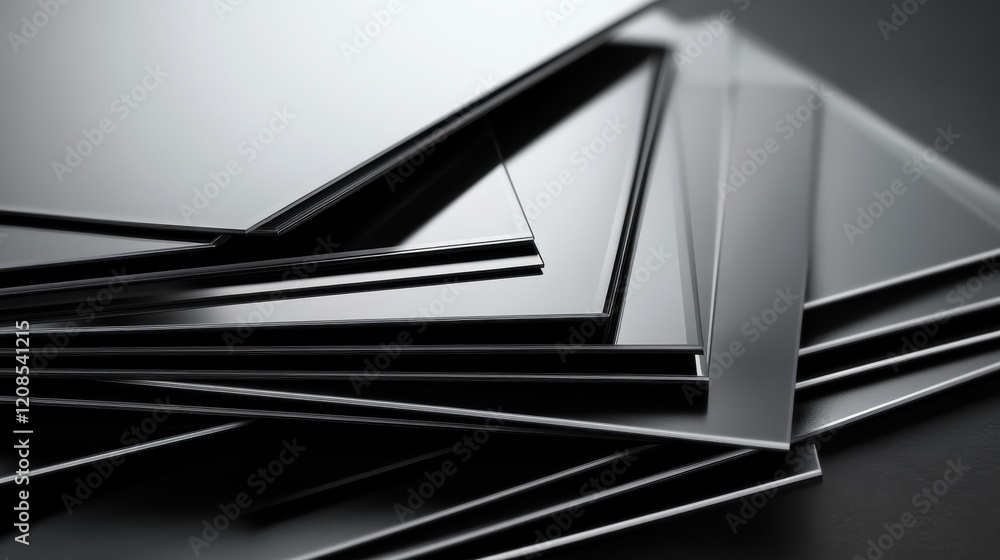 Aufkleber stack of shiny metal sheets with reflective surfaces in close-up view