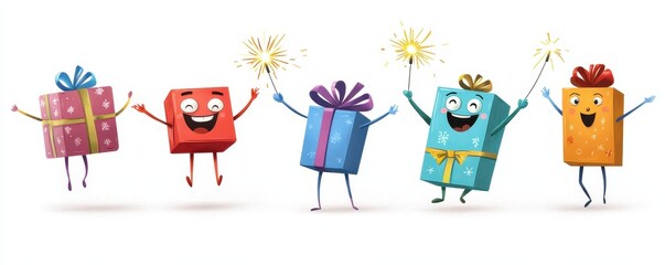 Fototapeta premium Cheerful gift box characters with smiling faces and sparkling wands, celebrating in a playful and festive setting