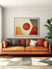 Mid-Century Modern Living Room with Tan Leather Sofa, Geometric Rug and Vintage Art Prints generative ai