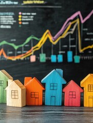 Colorful wooden houses representing housing market growth on a blackboard background with charts and graphs indicating upward trends.