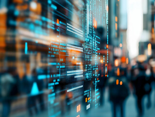 A blurred cityscape with digital data overlays, symbolizing the fusion of technology and urban life.