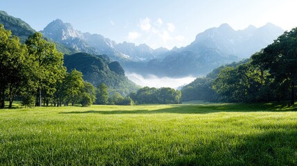 Obraz premium Majestic mountain valley sunrise, green meadow, tranquil nature scene, perfect for travel brochure