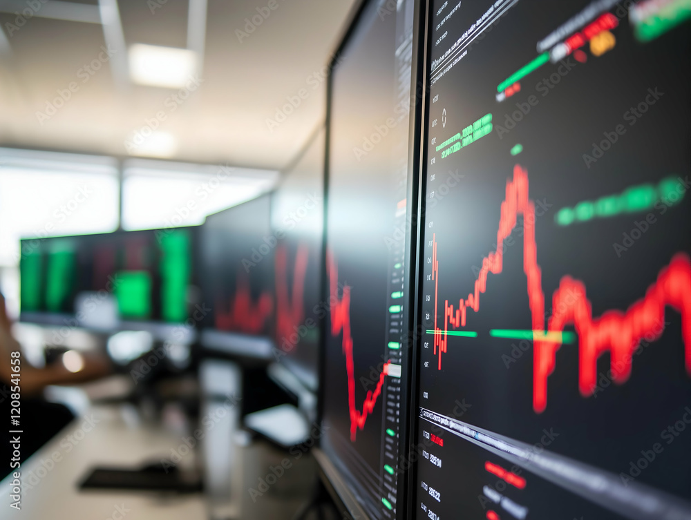 Poster multiple screens display stock market data with fluctuating graphs, highlighting trends in trading, 
