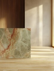 A modern kitchen contains a wooden floor and a marble counter, light brown and gold, light green, crisp and clean, marble, ai generative