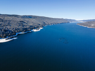 Aerial winter view of Dospat Reservoir, Bulgaria
