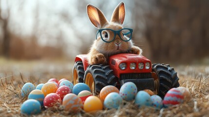 Fototapeta premium Whimsical rabbit with glasses driving tractor among colorful easter eggs outdoors