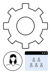 Gear as core focus symbolizing process, female profile icon, and webpage interface with team avatars. Ideal for teamwork, organization, workflow, user management, collaboration, leadership abstract
