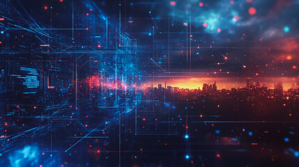 Obraz premium Smart digital Innovation city with connection network reciprocity over the cityscape. of future smart wireless digital city and social media networking systems that connects people with in city