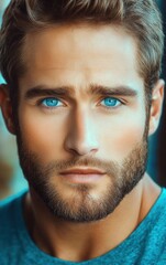 Obraz premium A young man stands confidently, showcasing his bright blue eyes and defined features. His short hair and beard enhance his masculine appeal in a casual outfit