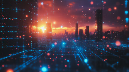 Obraz premium Smart digital Innovation city with connection network reciprocity over the cityscape. of future smart wireless digital city and social media networking systems that connects people with in city