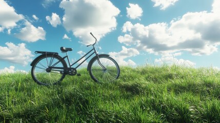 Obraz premium Bicycle on lush green hill against a vibrant blue sky with white clouds