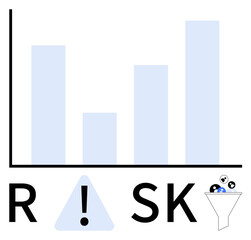 Bar graph with three varying height bars, exclamation mark in a triangle replacing I in RISK, funnel with balls. Ideal for risk management, data analysis, business strategy, financial planning