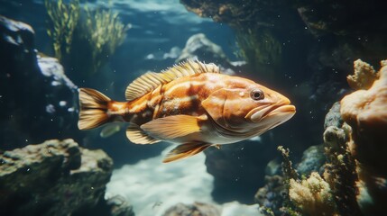 Fototapeta premium Vibrant orange fish swimming underwater among coral reefs