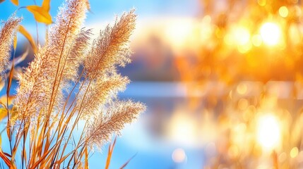 Autumn sunset, reeds by lake, serene nature scene, peaceful landscape, ideal for calendar