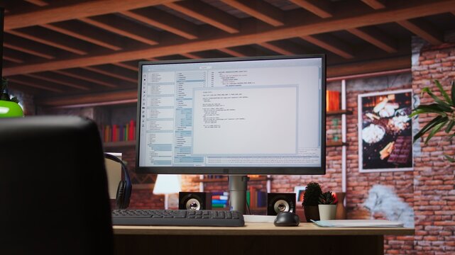 Programming code executing software UI on computer monitor in apartment office. Close up of coding application on PC screen used to write and test code in modern apartment, jib down shot