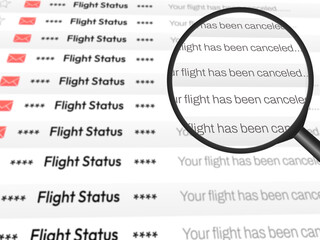 Flight cancellation email list with magnify glass zoooming, traveling concept backdrop