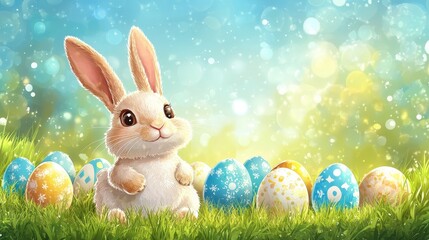 Happy bunny with colorful easter eggs on grass for holiday celebration greetings