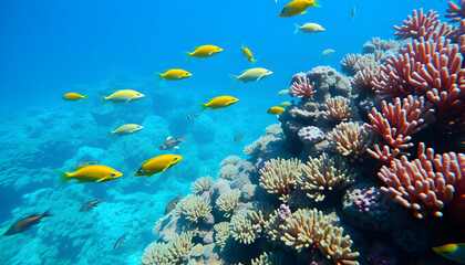 Obraz premium A vibrant underwater scene of a coral reef with schools of yellow fish swimming by. The image captures the diverse marine life and beauty of the ocean environment.