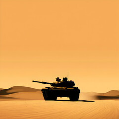 A clean vector of a military tank moving across a desert, symbolizing desert warfare. Tank in desert minimalist.


