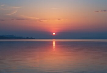 Fototapeta premium Serene Sunset Over Calm Lake Mountains Silhouette