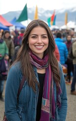 Fototapeta premium A woman with long brown hair smiles brightly while wearing a denim jacket and a colorful scarf. In the background, festival-goers and vibrant tents contribute to the festive atmosphere