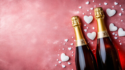 Champagne bottles flanking delicate sugar hearts sprinkled across soft pink surface, embodying romantic Valentine's Day mood and tender celebration