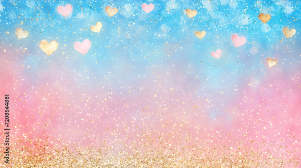 Poster sparkling hearts cascading across soft pink and blue gradient, creating romantic festive mood for lo