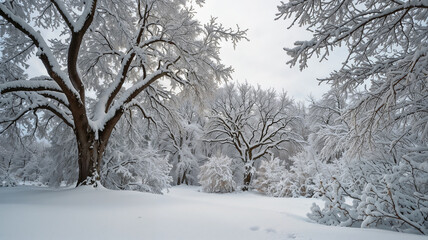 Fototapeta premium Snow-Covered Trees in Winter Wonderland with Heavy Snowfall and Overcast Sky