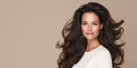Beautiful middle aged model showcasing hair care products with long dark hair on beige background