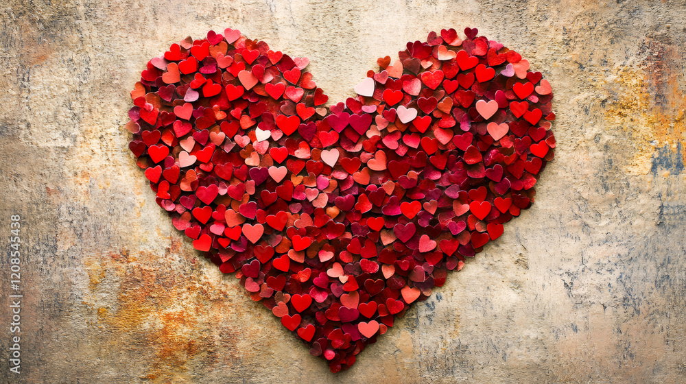 Poster many small red hearts forming a big heart on a textured background creating a romantic valentine's d