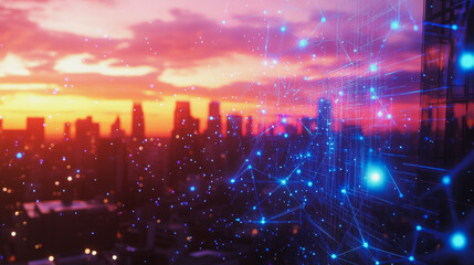 Obraz premium Smart digital Innovation city with connection network reciprocity over the cityscape. of future smart wireless digital city and social media networking systems that connects people with in city