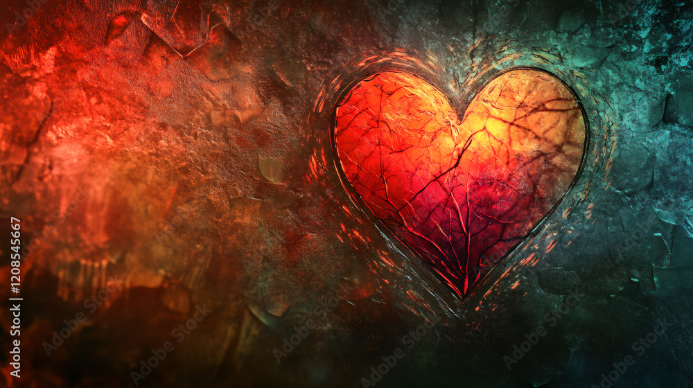 Poster valentine's day greeting card with a heart shape carved in stone and glowing red and orange