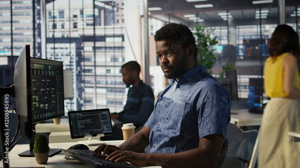 Aufkleber man checking paperwork details on computer screen, solving tasks. african american bookkeeper in off