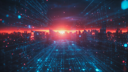 Obraz premium Smart digital Innovation city with connection network reciprocity over the cityscape. of future smart wireless digital city and social media networking systems that connects people with in city