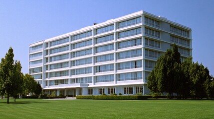 Modern white office building on a landscaped lawn.