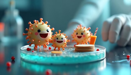Cute Cartoon Virus Family on Petri Dish