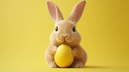 Cute easter bunny holding yellow egg on bright yellow background
