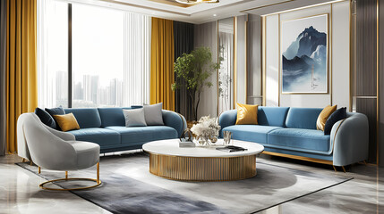 Stylish living room with a blue sofa featuring gold legs and a silver metal frame, accompanied by a white coffee table, gray carpet, and soft yellow curtains. Silver Peak. Illustration