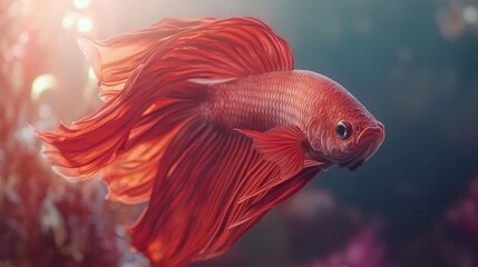 Fototapeta premium Vibrant red betta fish with flowing fins in underwater scene
