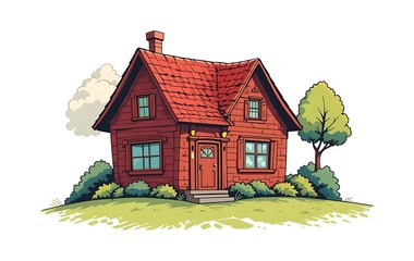 A charming red brick house sits on a grassy hill