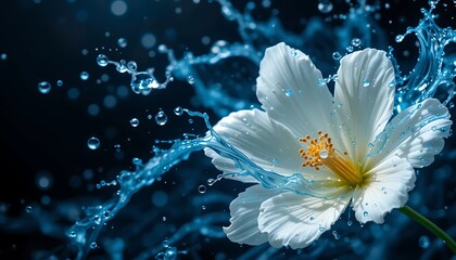 White flower petals splashed with vibrant blue water