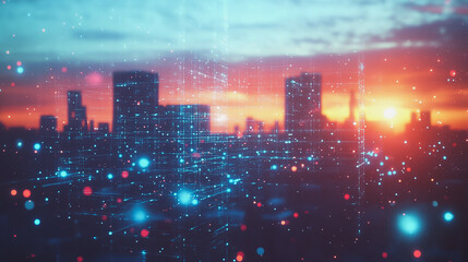 Obraz premium Smart digital Innovation city with connection network reciprocity over the cityscape. of future smart wireless digital city and social media networking systems that connects people with in city