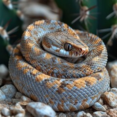 Fototapeta premium Coiled snake, patterned scales, rocky ground.