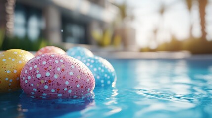 Colorful easter eggs by the poolside on a sunny day