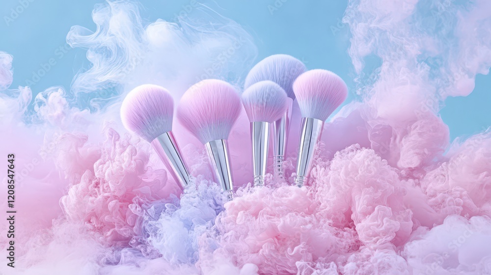 Poster artistic array of pastel studio makeup brushes in a minimalist rococo-inspired setting