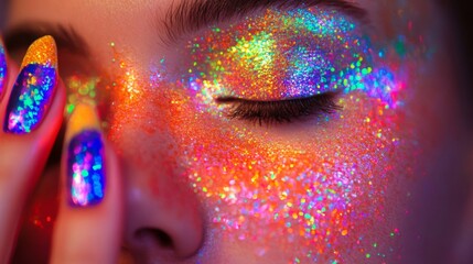 Close-up of a woman's face and hands adorned with vibrant, iridescent glitter makeup