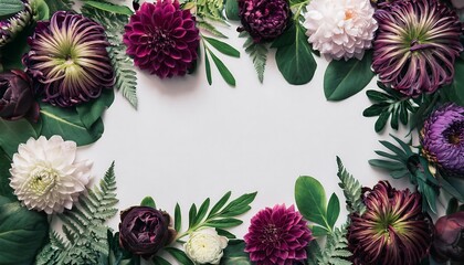 Fototapeta premium A contemporary floral frame background with leaves, with a blank white background for text. Wallpaper, poster, banner. florist.