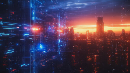 Fototapeta premium Smart digital Innovation city with connection network reciprocity over the cityscape. of future smart wireless digital city and social media networking systems that connects people with in city