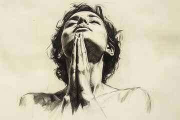Fototapeta premium Graphite sketch of woman praying, eyes closed.
